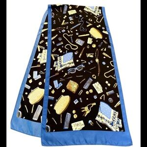 TALBOTS silk novelty print scarf Black Tan Blue Long Rectangle 14”x60” Retro